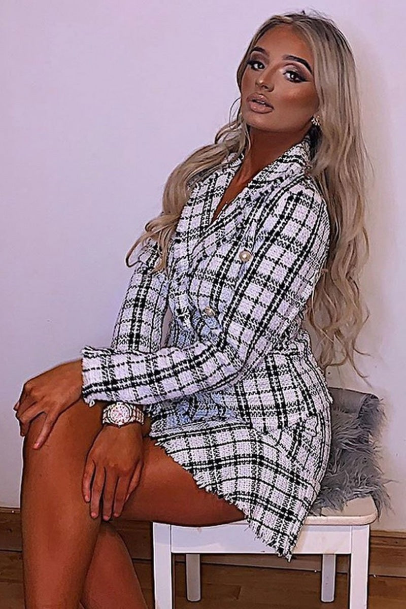 White Checked Dome Button Frayed Edge Blazer