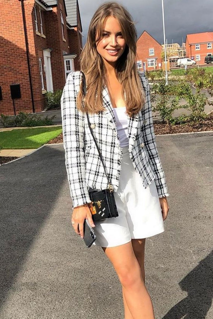 White Checked Dome Button Frayed Edge Blazer
