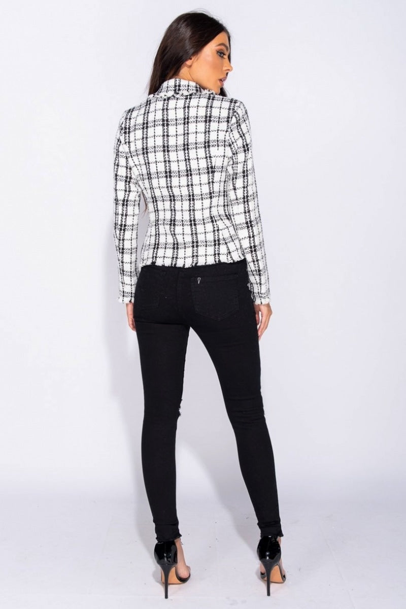 White Checked Dome Button Frayed Edge Blazer