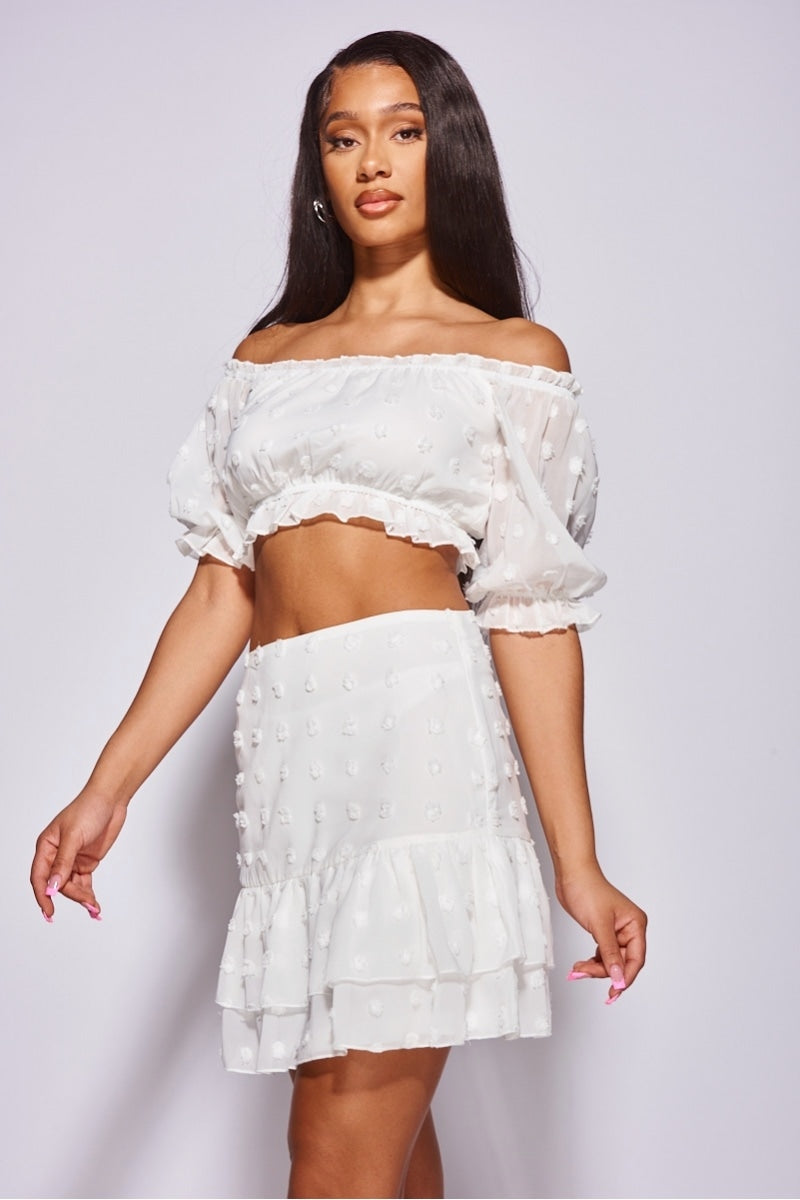 White Dobby Spot Frill Hem Bandeau Crop Top & Skirt