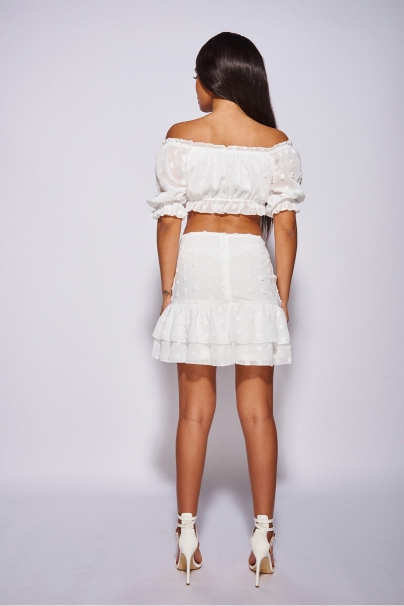 White Dobby Spot Frill Hem Bandeau Crop Top & Skirt