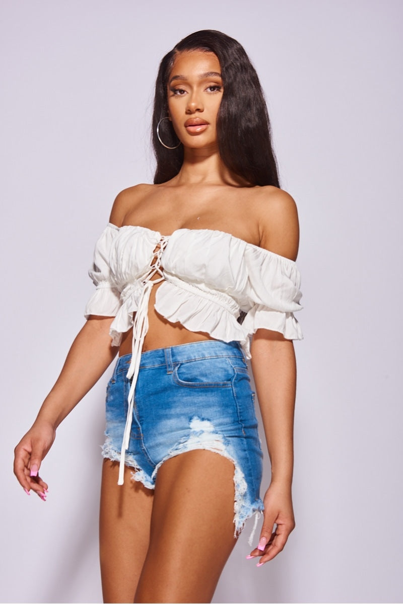 White Lace Up Front Ruffle Trim Bandeau Crop Top