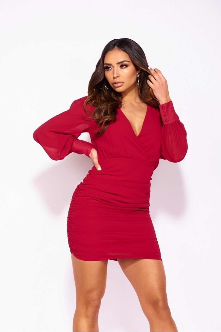 Wine Sheer Puff Sleeve Ruched Side Wrapover Mini Dress